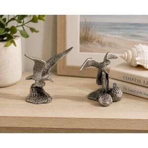 Vintage Pewter Seagull Figurines Pair Bea-Line Myers Suzio Coastal Birds Mini